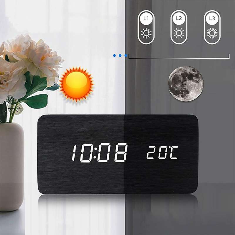 Wooden Led Alarm Clocks Digital Display Table Clock Brown