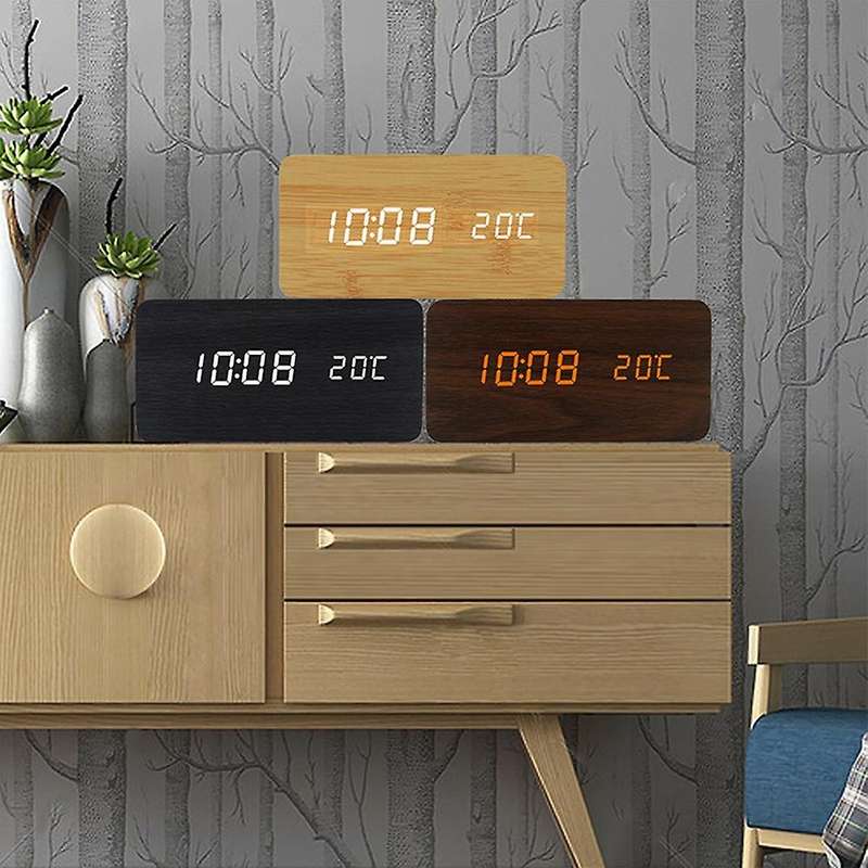 Wooden Led Alarm Clocks Digital Display Table Clock Brown
