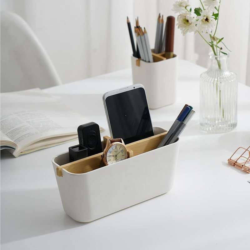 Multifunctional Bamboo Desk Storage Box with Wooden Partition ,white