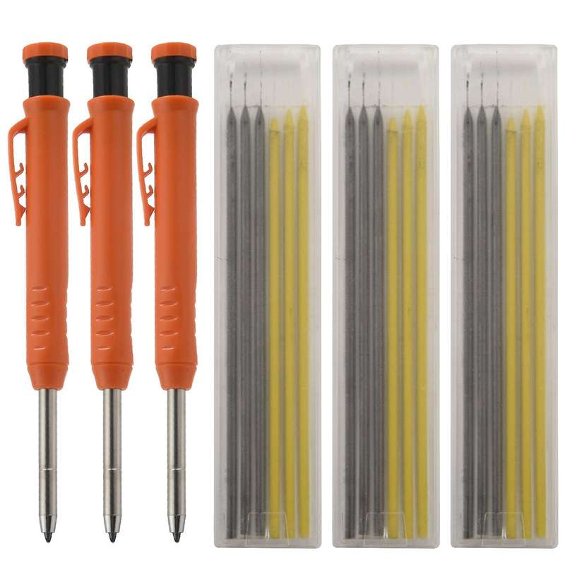 Solid Carpenter Pencil Set with 18 Refill Leads, Black+yellow