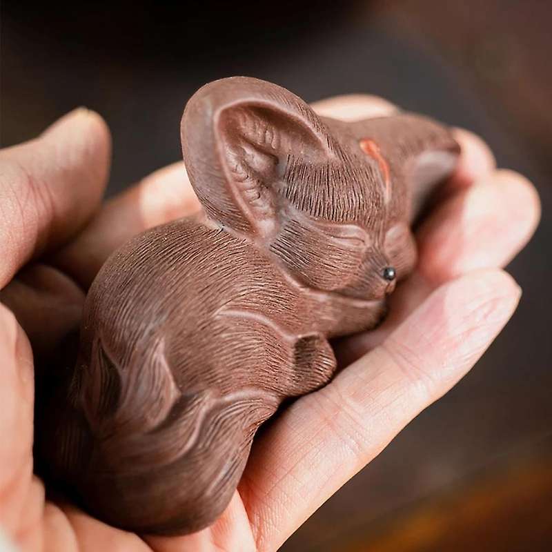Purple Clay Sculpture Tea Pet Fox Statue Crafts Office Decor Toy B