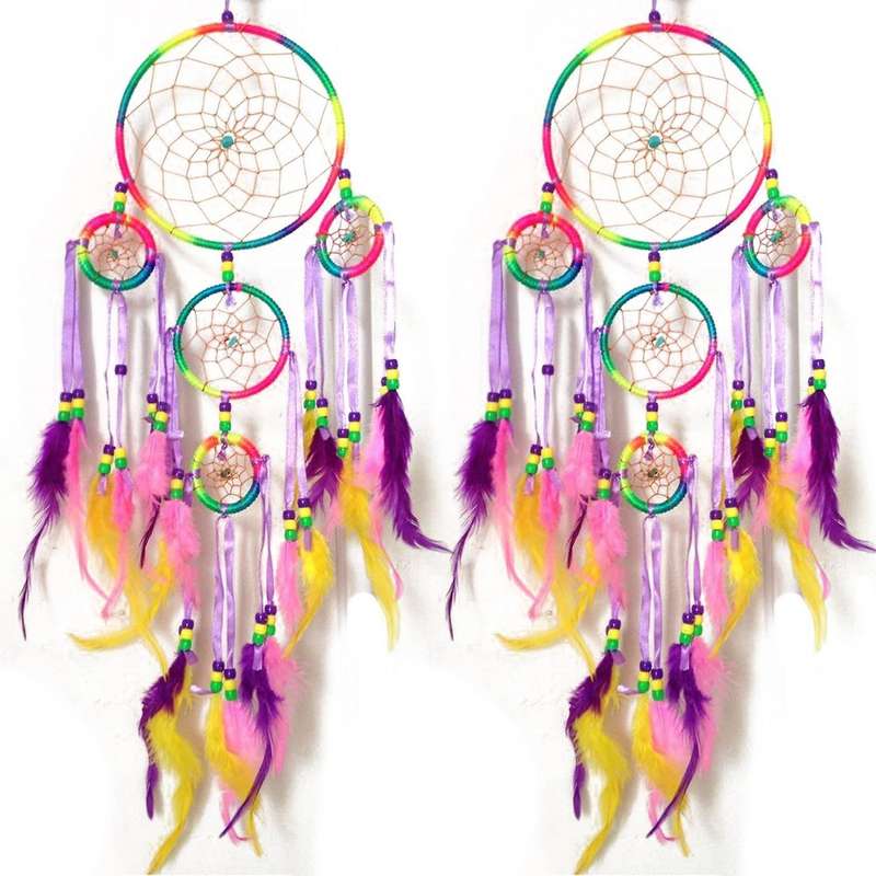 2x Dream Catcher Wall Hanging Decoration Colorful Feather Five Rings
