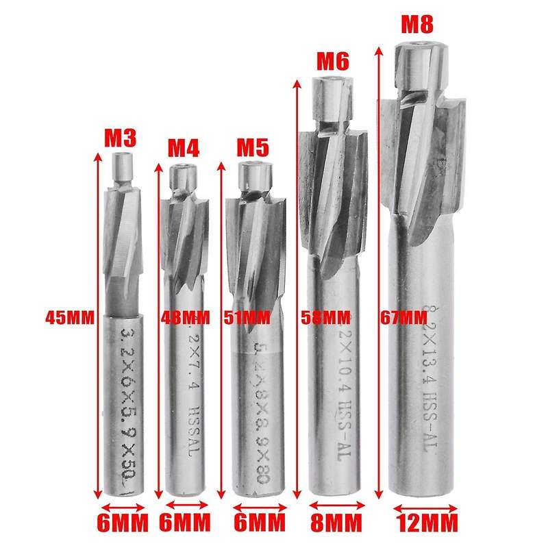 5pcs Hss Counterbore End Mill M3-m8 Pilot Slotting Tool
