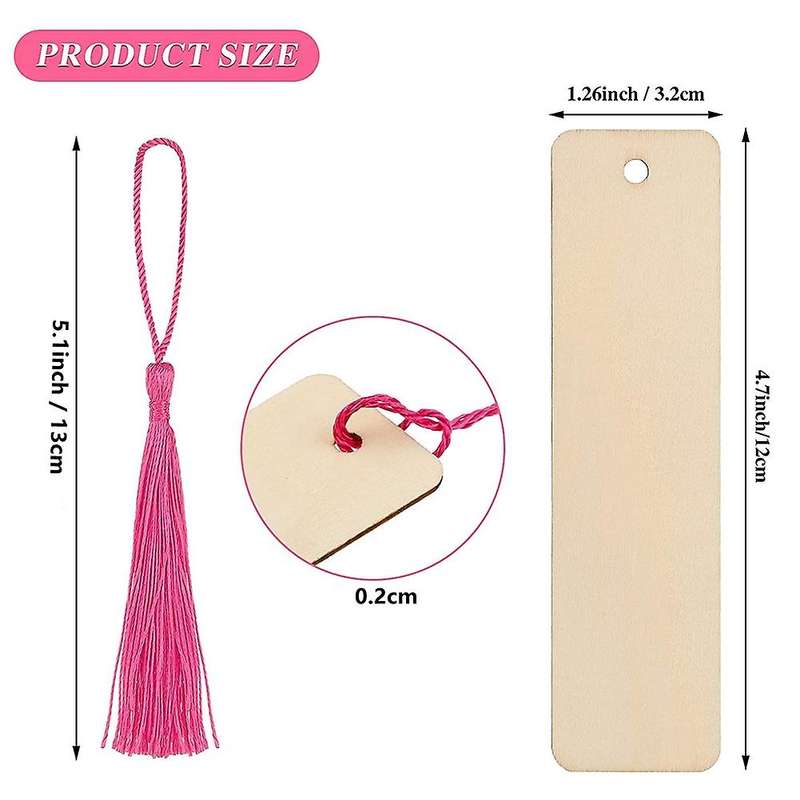 72pcs Blank Rectangle Nature Wood Slice Bookmark with Holes Rope