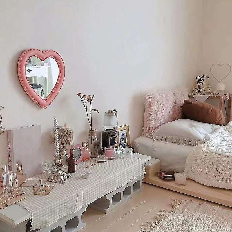 Makeup Mirror Desktop Wall Mounted Dual-use Heart-shaped Pink