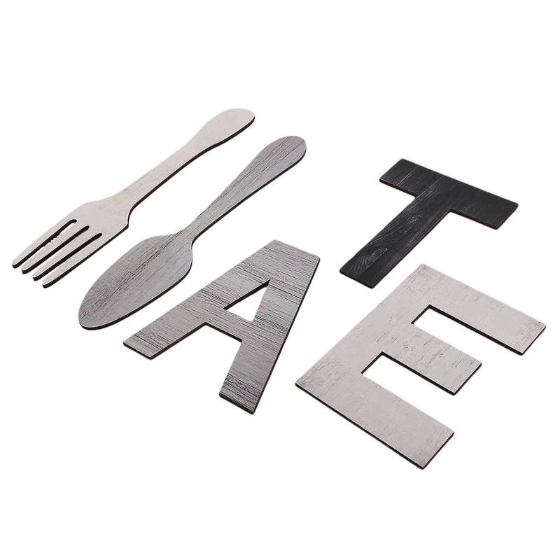 Set Of Eat Sign, Fork and Spoon Wall Decor,wood Eat Decoration(gray)