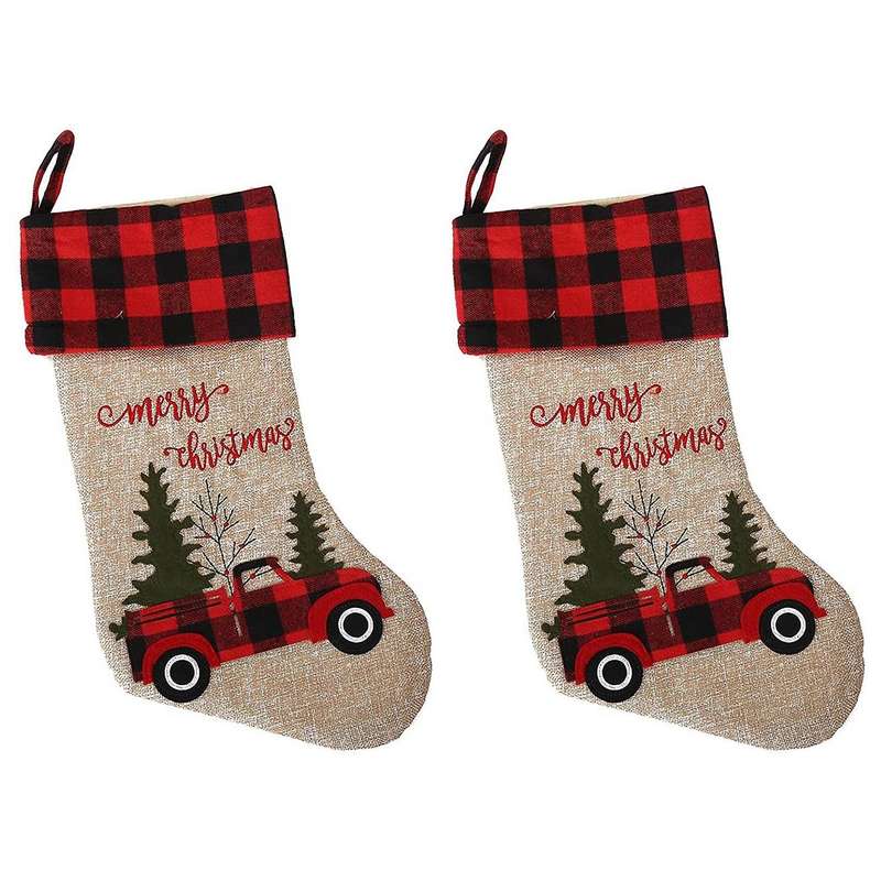 2 Pcs Christmas Stockings Plaid Cuff Fireplace Hanging Stocking