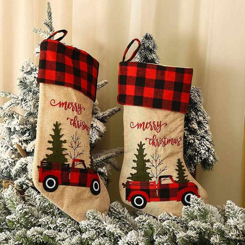 2 Pcs Christmas Stockings Plaid Cuff Fireplace Hanging Stocking