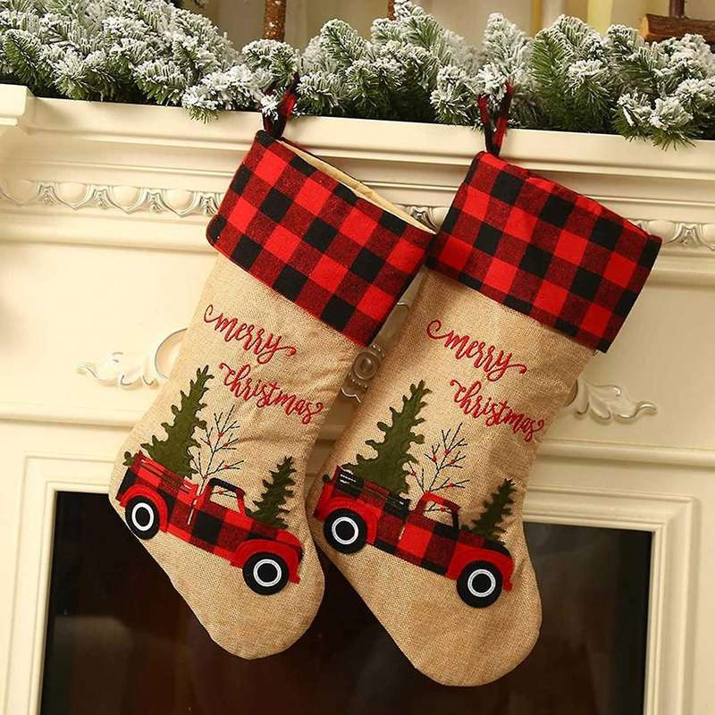 2 Pcs Christmas Stockings Plaid Cuff Fireplace Hanging Stocking