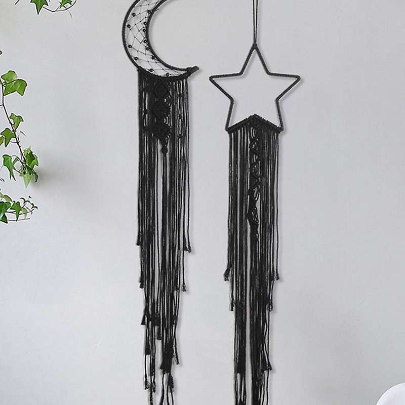 2pcs Black Handmade Macrame Dream Catcher Moon and Stars Tapestry