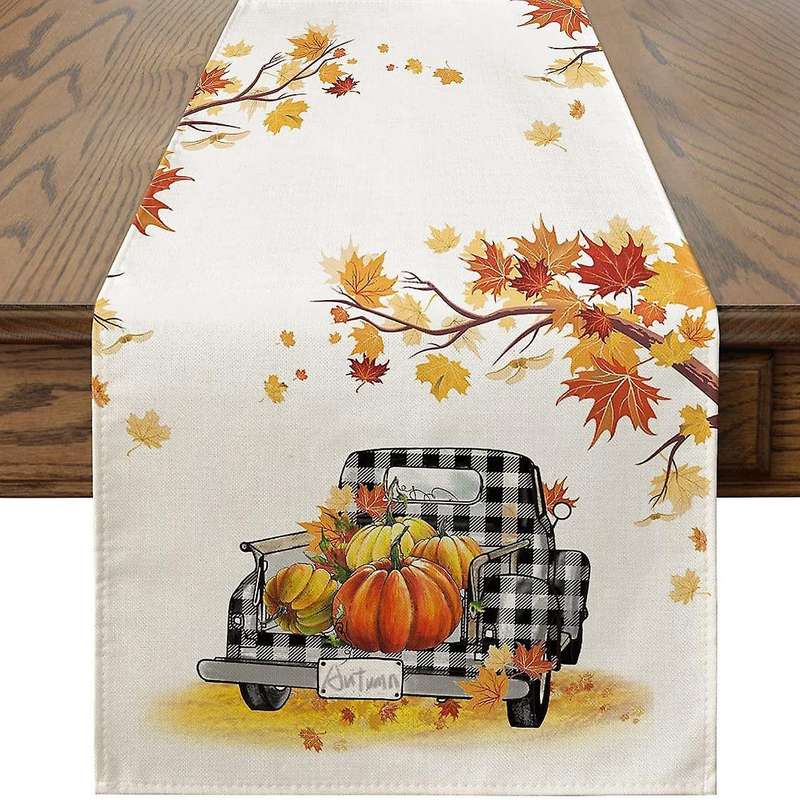 Maple Leave Pumpkins Buffalo Plaid Truck Table Runner