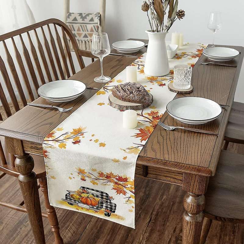 Maple Leave Pumpkins Buffalo Plaid Truck Table Runner