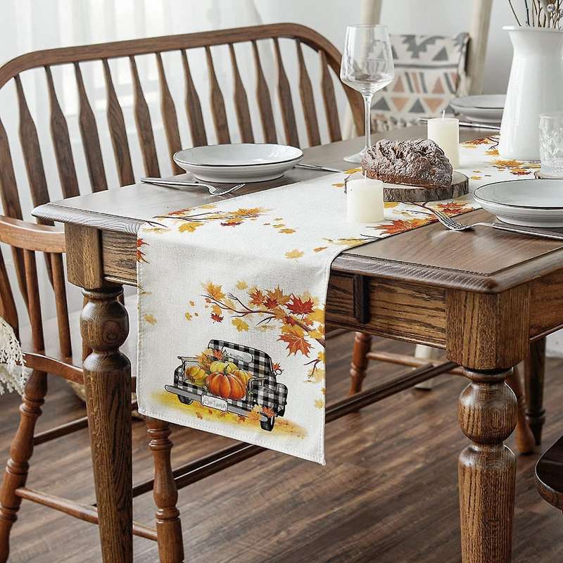 Maple Leave Pumpkins Buffalo Plaid Truck Table Runner