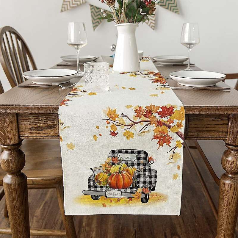 Maple Leave Pumpkins Buffalo Plaid Truck Table Runner