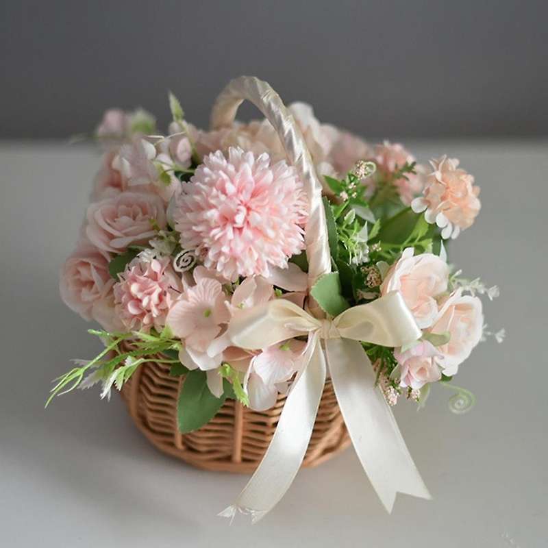 Wicker Woven Flower Basket, with Handle and White Ribbon, Wedding(l)