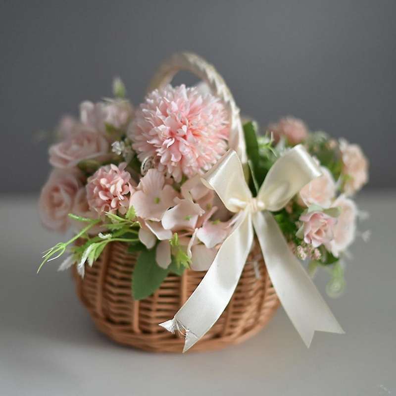 Wicker Woven Flower Basket, with Handle and White Ribbon, Wedding(l)