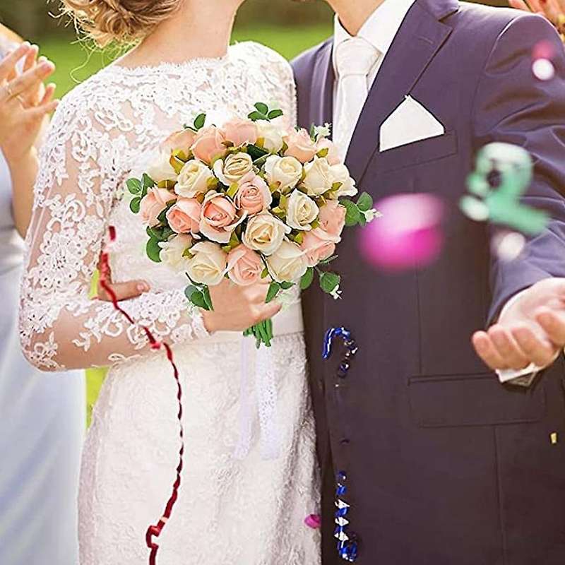 Artificial Flowers Fake Roses Bouquet 24 Heads & Eucalyptus (pink )
