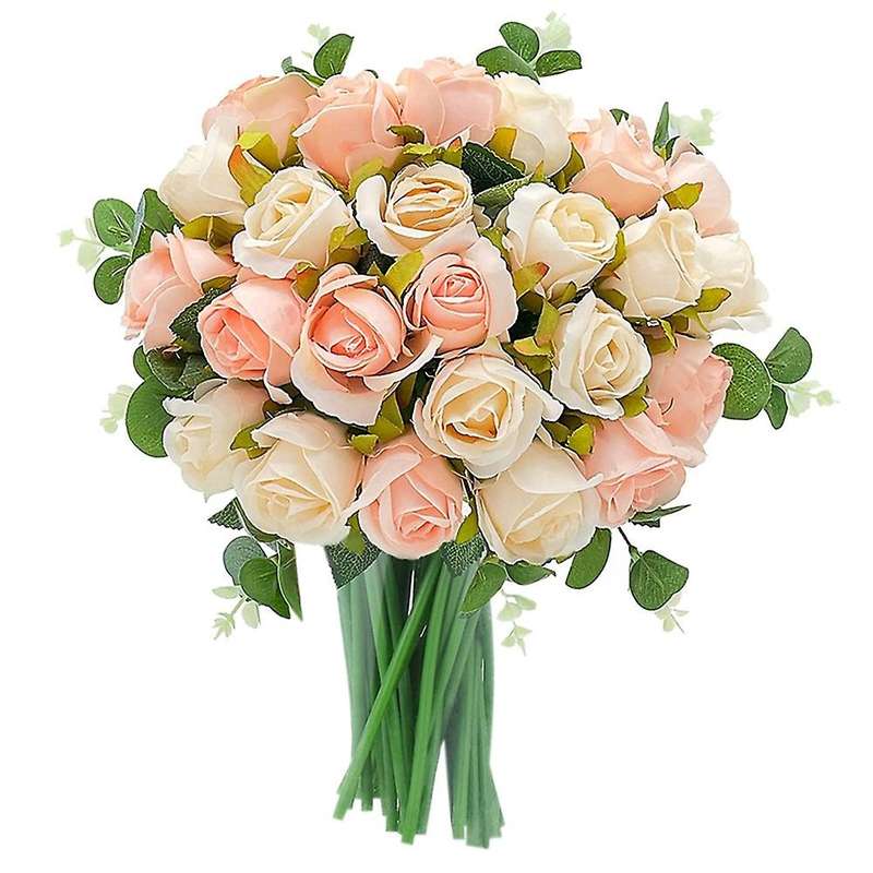 Artificial Flowers Fake Roses Bouquet 24 Heads & Eucalyptus (pink )