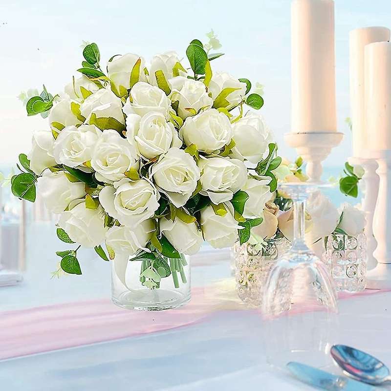 Artificial Flowers Fake Roses Bouquet 24 Heads & Eucalyptus (white )