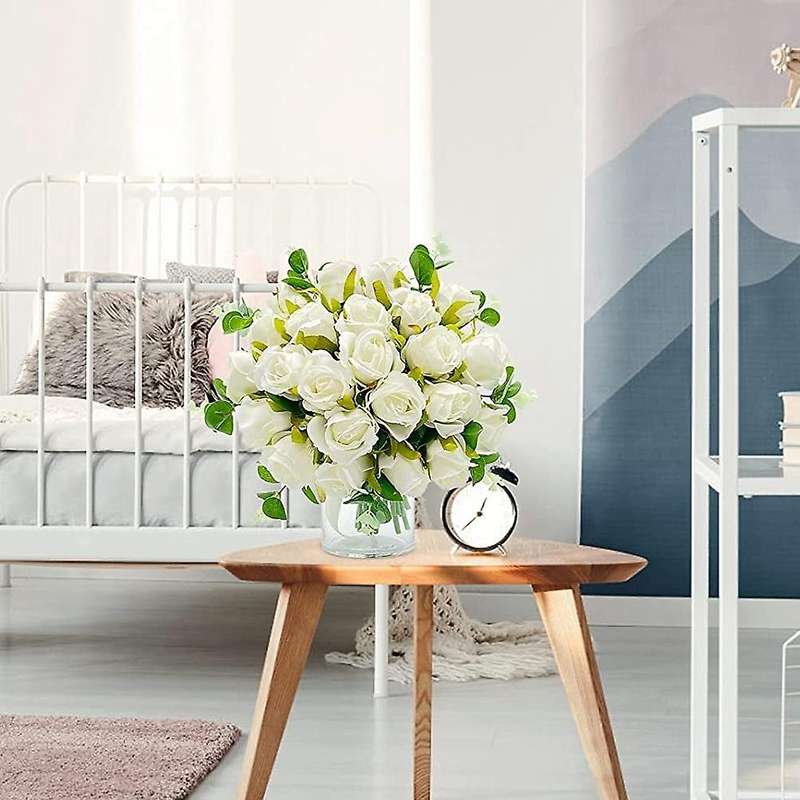 Artificial Flowers Fake Roses Bouquet 24 Heads & Eucalyptus (white )