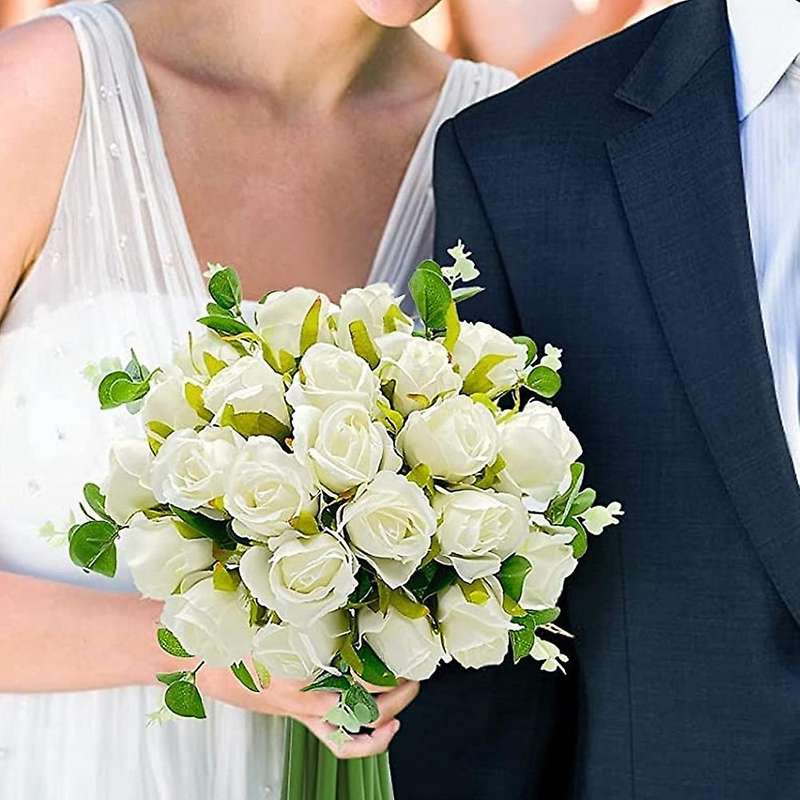 Artificial Flowers Fake Roses Bouquet 24 Heads & Eucalyptus (white )
