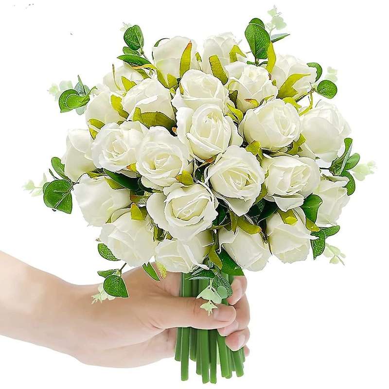 Artificial Flowers Fake Roses Bouquet 24 Heads & Eucalyptus (white )