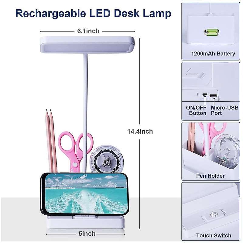Led Desk Lamp with Pen/phone Holder , Flexible Gooseneck, 3 Color