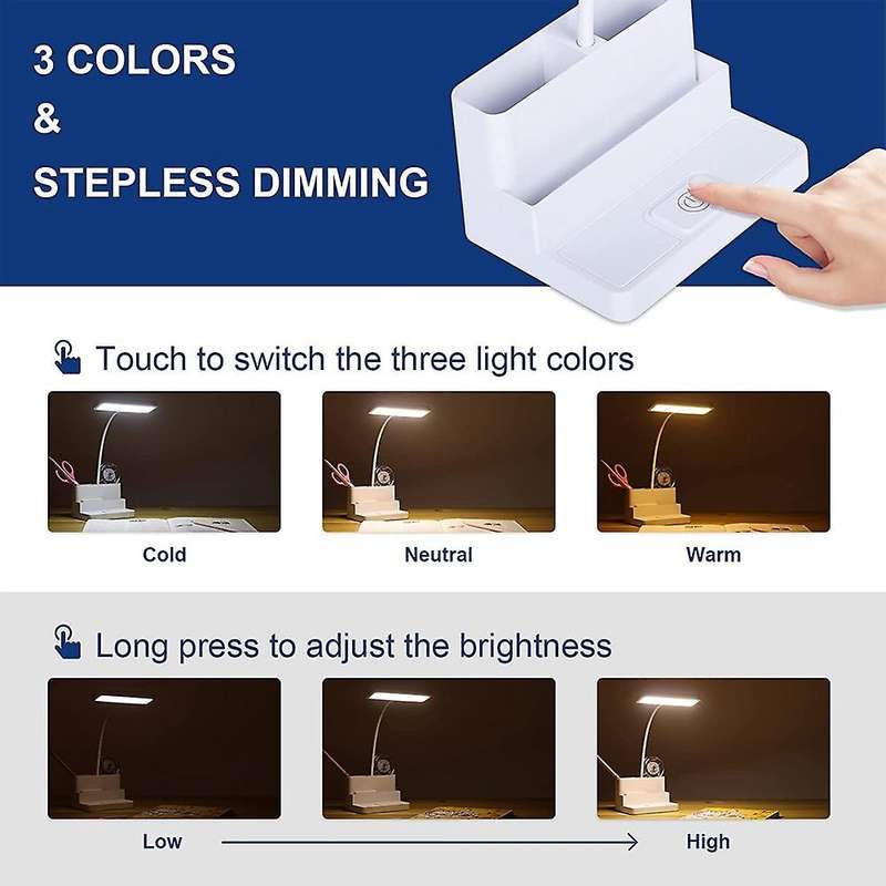Led Desk Lamp with Pen/phone Holder , Flexible Gooseneck, 3 Color