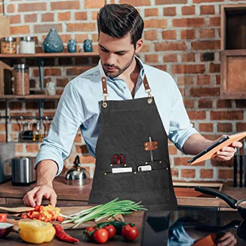 Chef Apron,women Men Denim Apron Adjustable Leather Straps