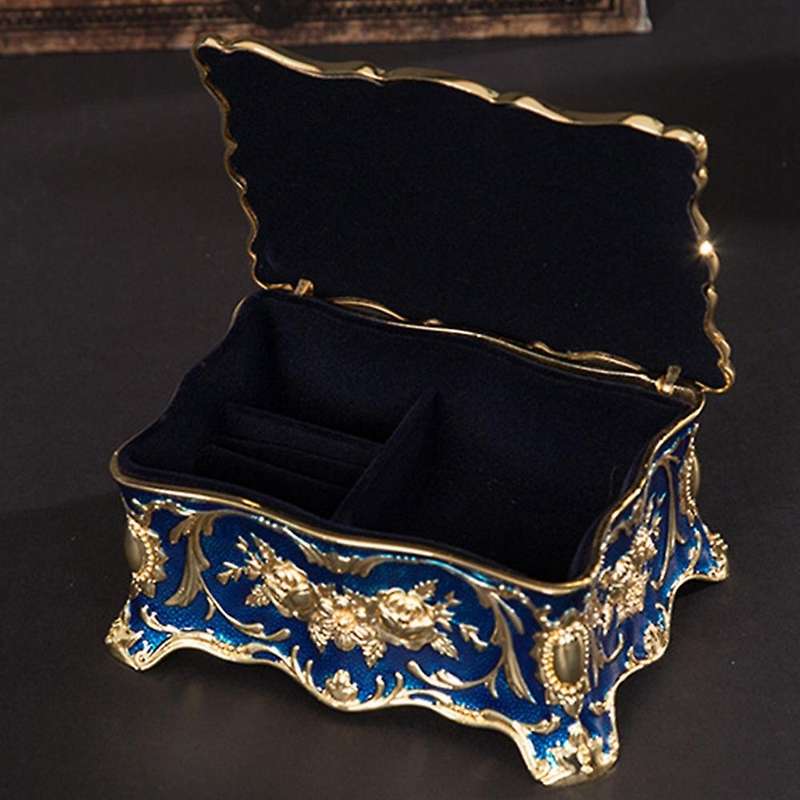 Vintage Metal Jewelry Box, Rectangular Trinket Organizer Storage Blue