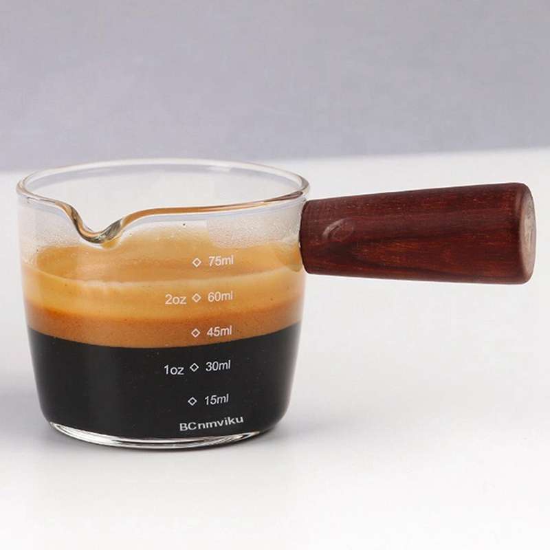 2x Glass Measuring Cup Espresso Shot Glass 75ml with Wood Handle