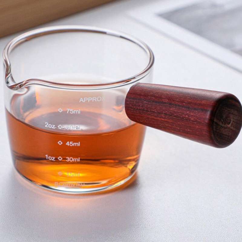 2x Glass Measuring Cup Espresso Shot Glass 75ml with Wood Handle