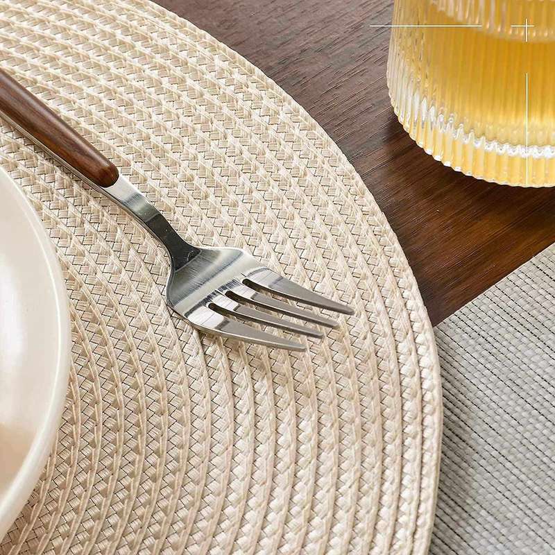 Round Braided Placemats Set Of 6 Table Mats 15 Inch(beige)