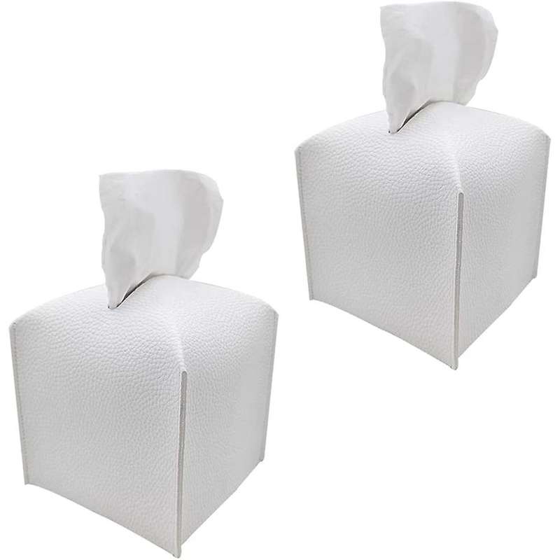 2 Pieces Pu Leather Tissue Box with Bottom Belt (white)