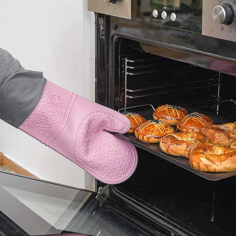 2 Pcs Pink Silicone Oven Gloves Heat-resistant Cooking Baking Gloves