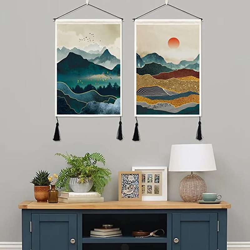 2 Pcs Mountain Tapestry with Tassels Misty Forest Tapestry Wall Art