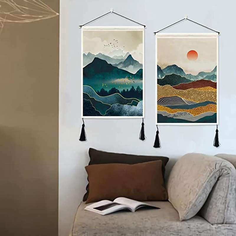 2 Pcs Mountain Tapestry with Tassels Misty Forest Tapestry Wall Art