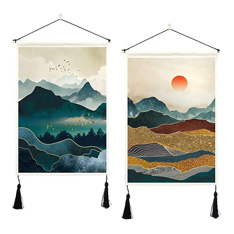 2 Pcs Mountain Tapestry with Tassels Misty Forest Tapestry Wall Art
