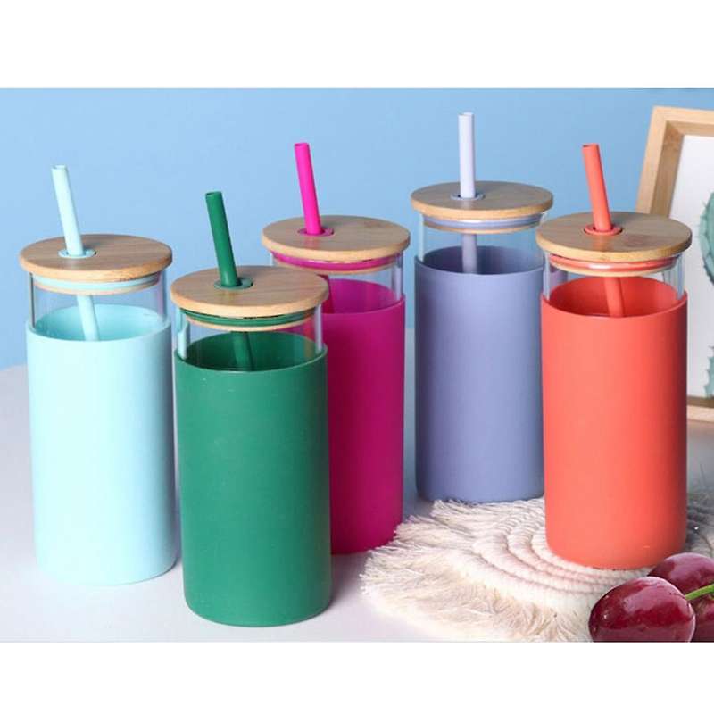 Straw Cup with Bamboo Cover High Borosilicate Glass Cup Blue