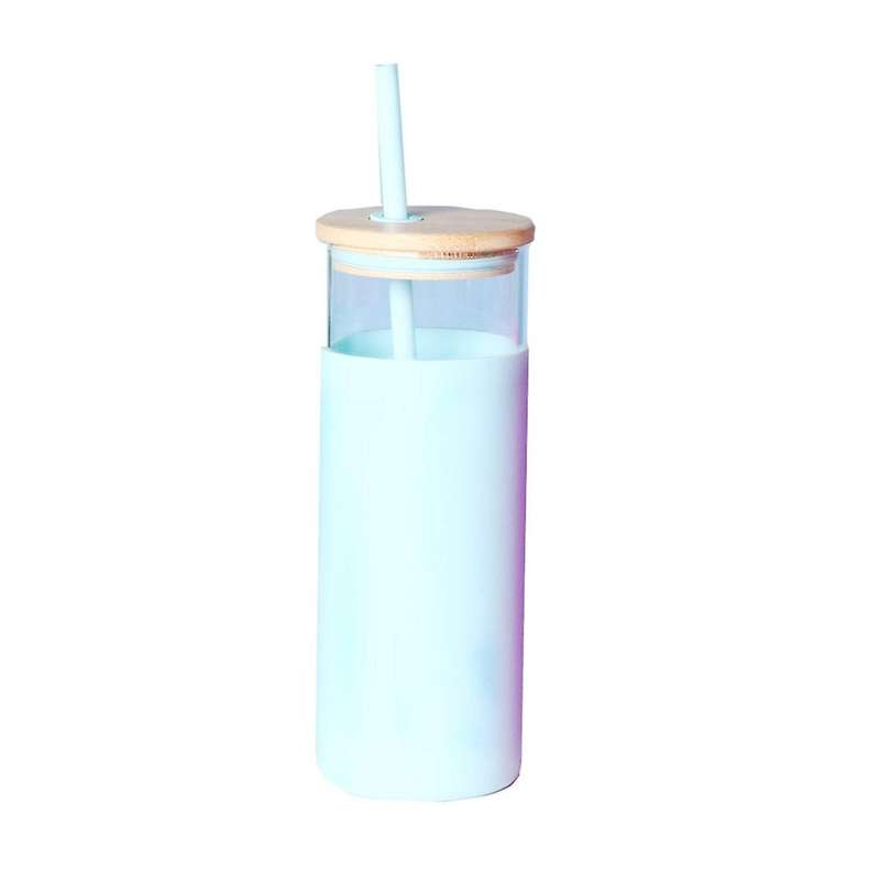 Straw Cup with Bamboo Cover High Borosilicate Glass Cup Blue