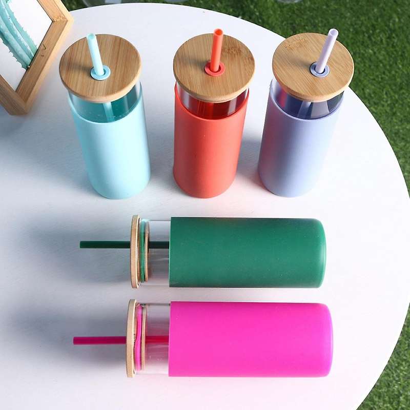Straw Cup with Bamboo Cover High Borosilicate Glass Cup Blue