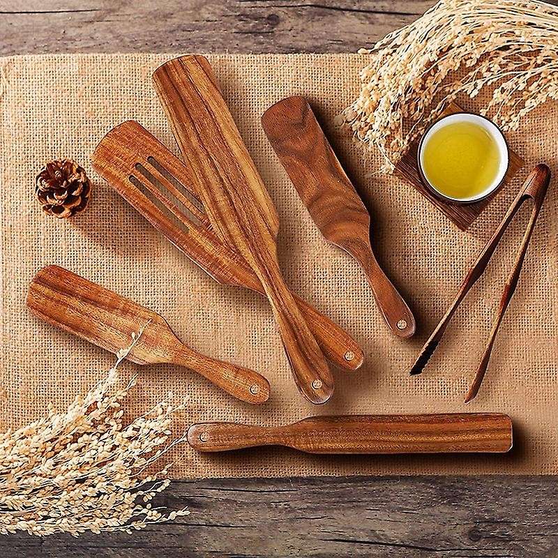 6 Pcs Wooden Spurtle Set, Teak Spurtle Set Heat Resistant Wooden