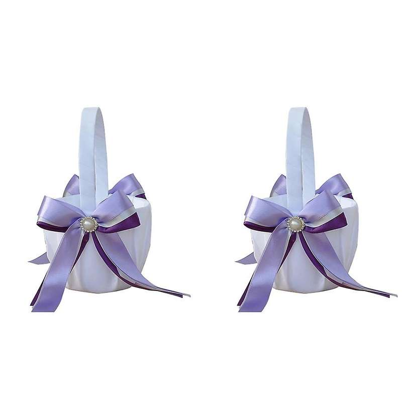 2pcs Flower Basket Rose Bow Ribbon Lace Wedding Bridal Flower Basket