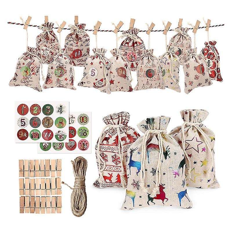 24pcs Jute Bag Candy Storage Pouch Diy Christmas Advent Calendar Bag