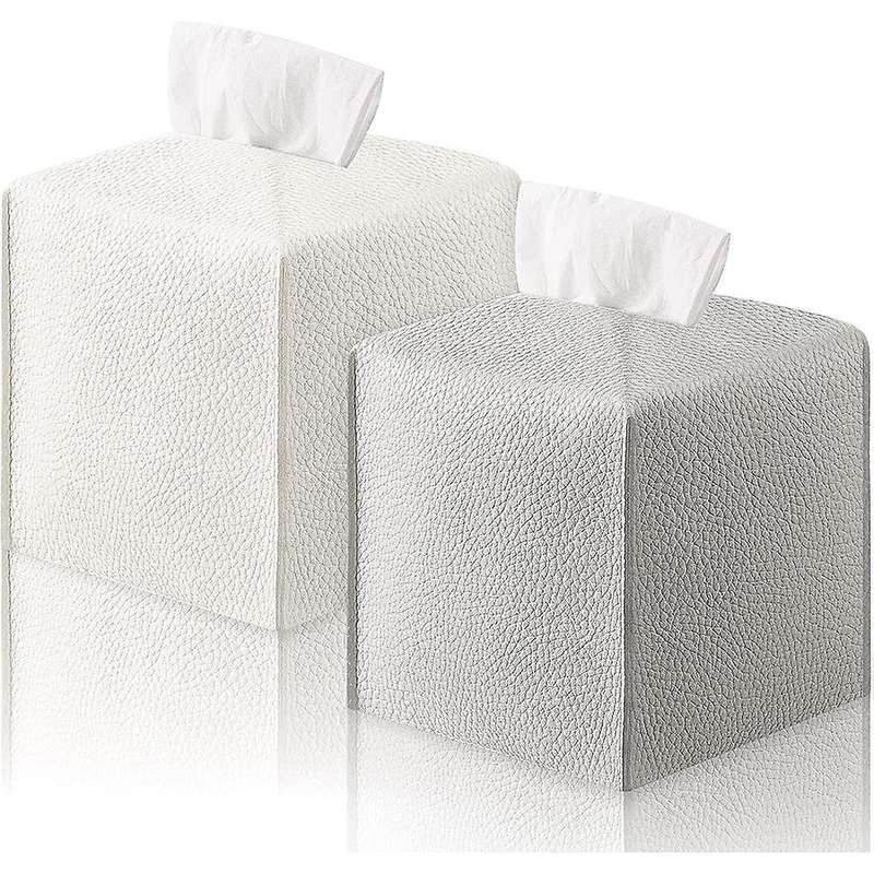 2 Pieces Pu Leather Tissue Box with Bottom Belt (white + Light Gray)