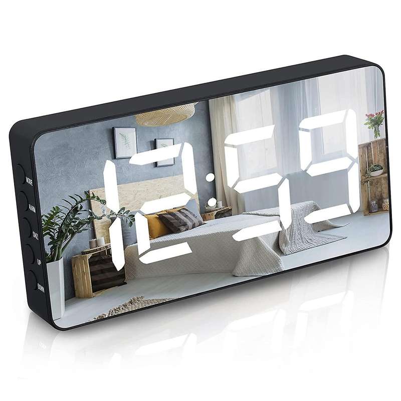 Digital Alarm Clock Large Mirrored Led Clock Snooze Function (black)