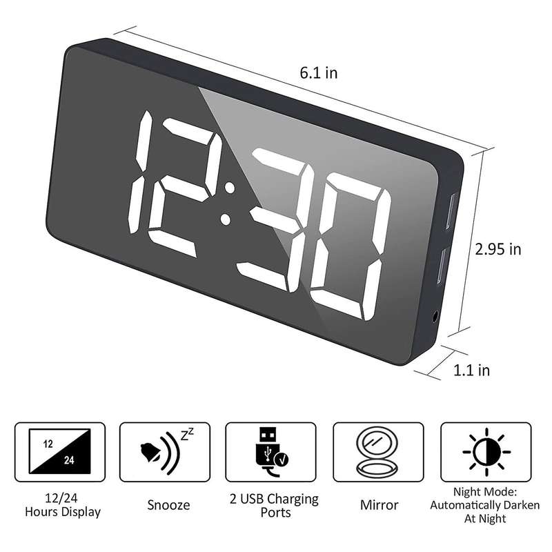 Digital Alarm Clock Large Mirrored Led Clock Snooze Function (black)