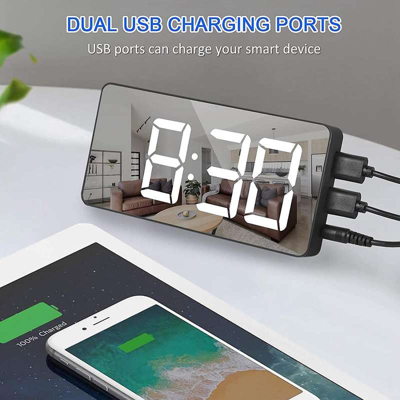 Digital Alarm Clock Large Mirrored Led Clock Snooze Function (black)