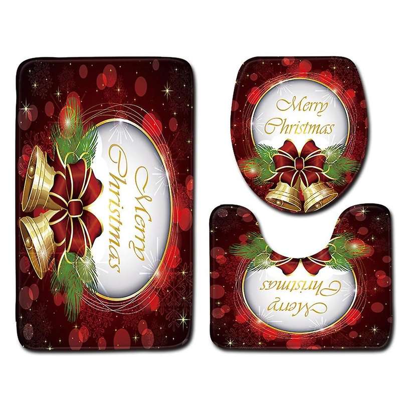 3 Pcs Bathroom Rug Mats Set Toilet Lid Cover Christmas Bell Pattern
