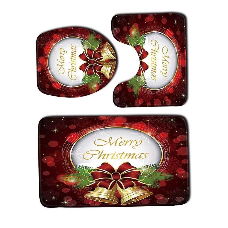 3 Pcs Bathroom Rug Mats Set Toilet Lid Cover Christmas Bell Pattern